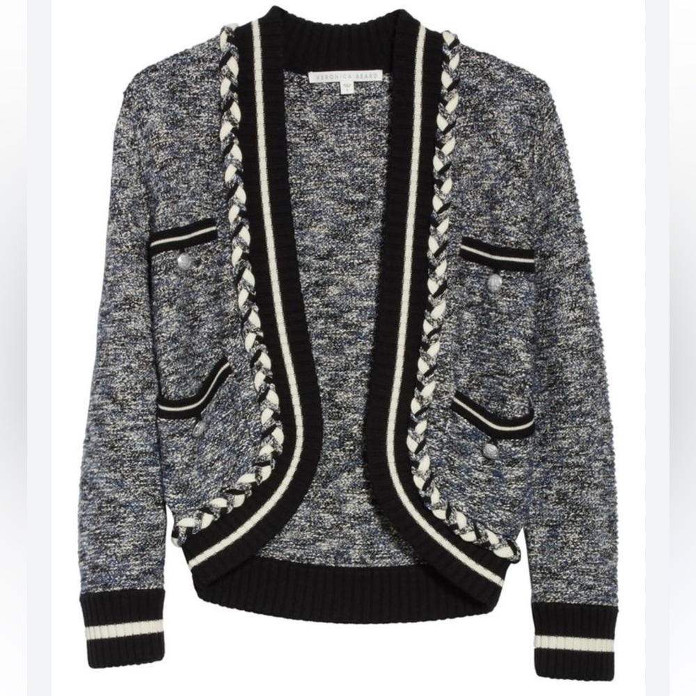 Veronica Beard Navy, Black & Cream Braided-Trim Cardigan Davis